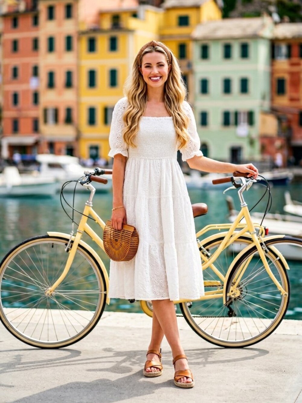 NWT Sissyaki White Eyelet Midi Dress Puff Sleeve Smocked Cottagecore Size S